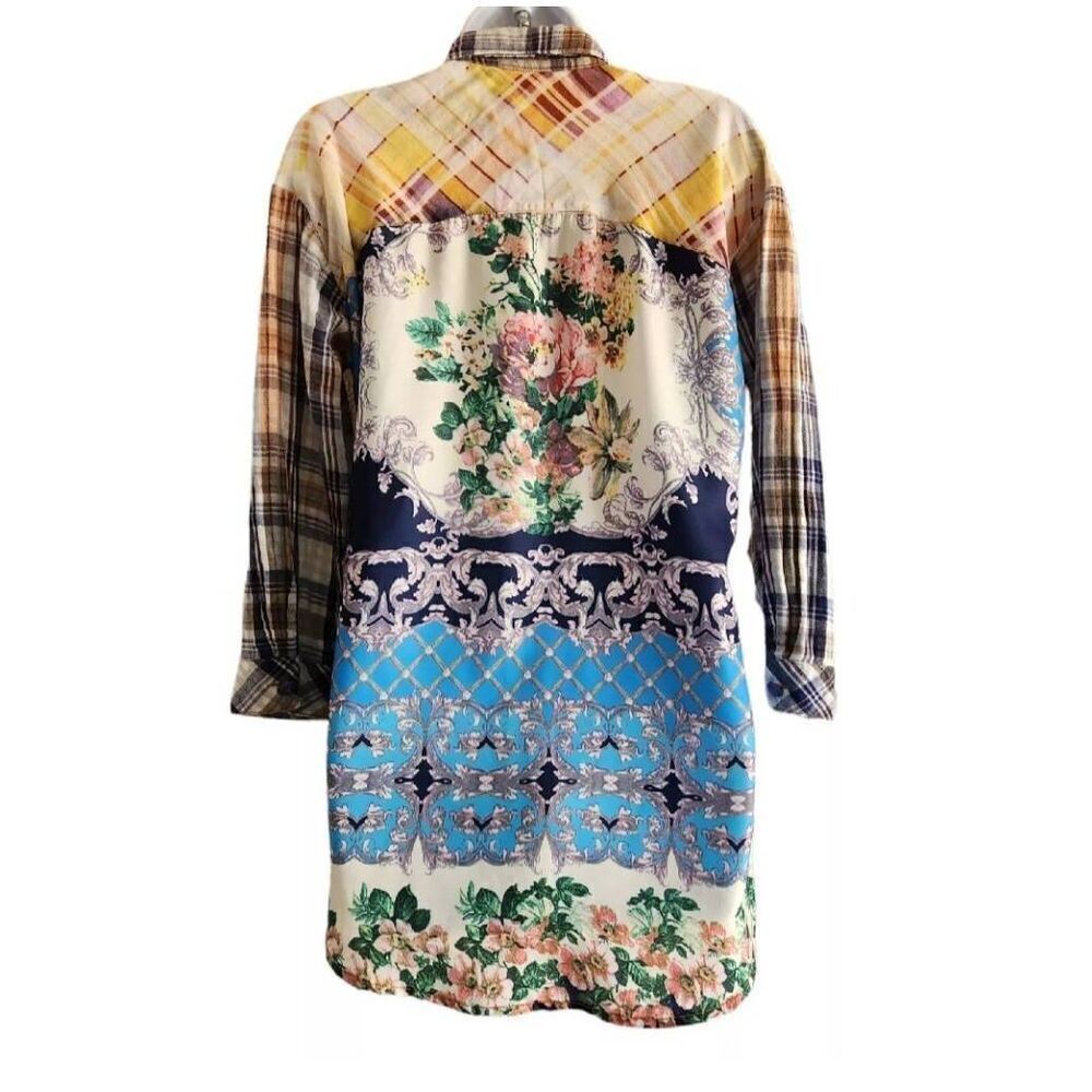Aratta Silent Journey Plaid Floral Mixed Media Boho Button Up Cotton Shirt Top s